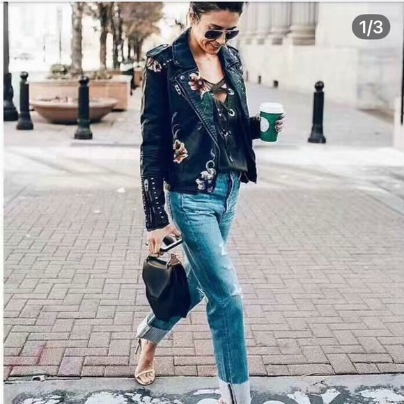 Embroidered faux leather moto jacket with studs - Picture 4 of 4